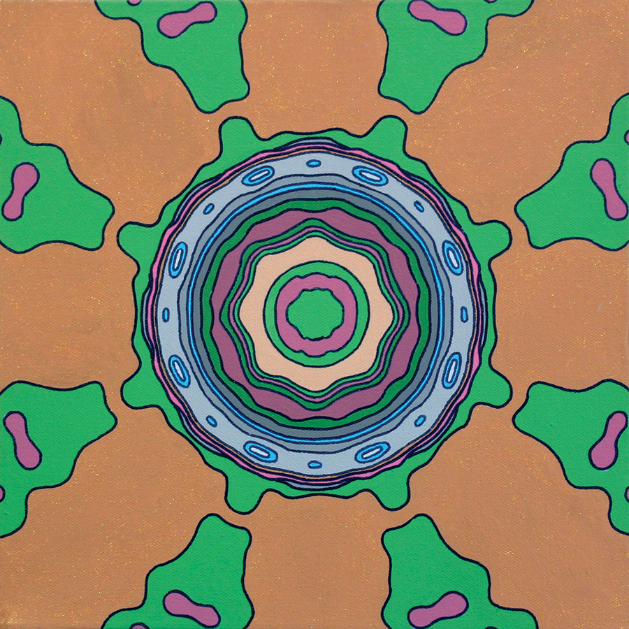 <br/>Jerboa Storax, 2011<br/>12" x 12" x 1<span>½</span>"<br/>acrylic, paper, opaque marker and glitter on canvas